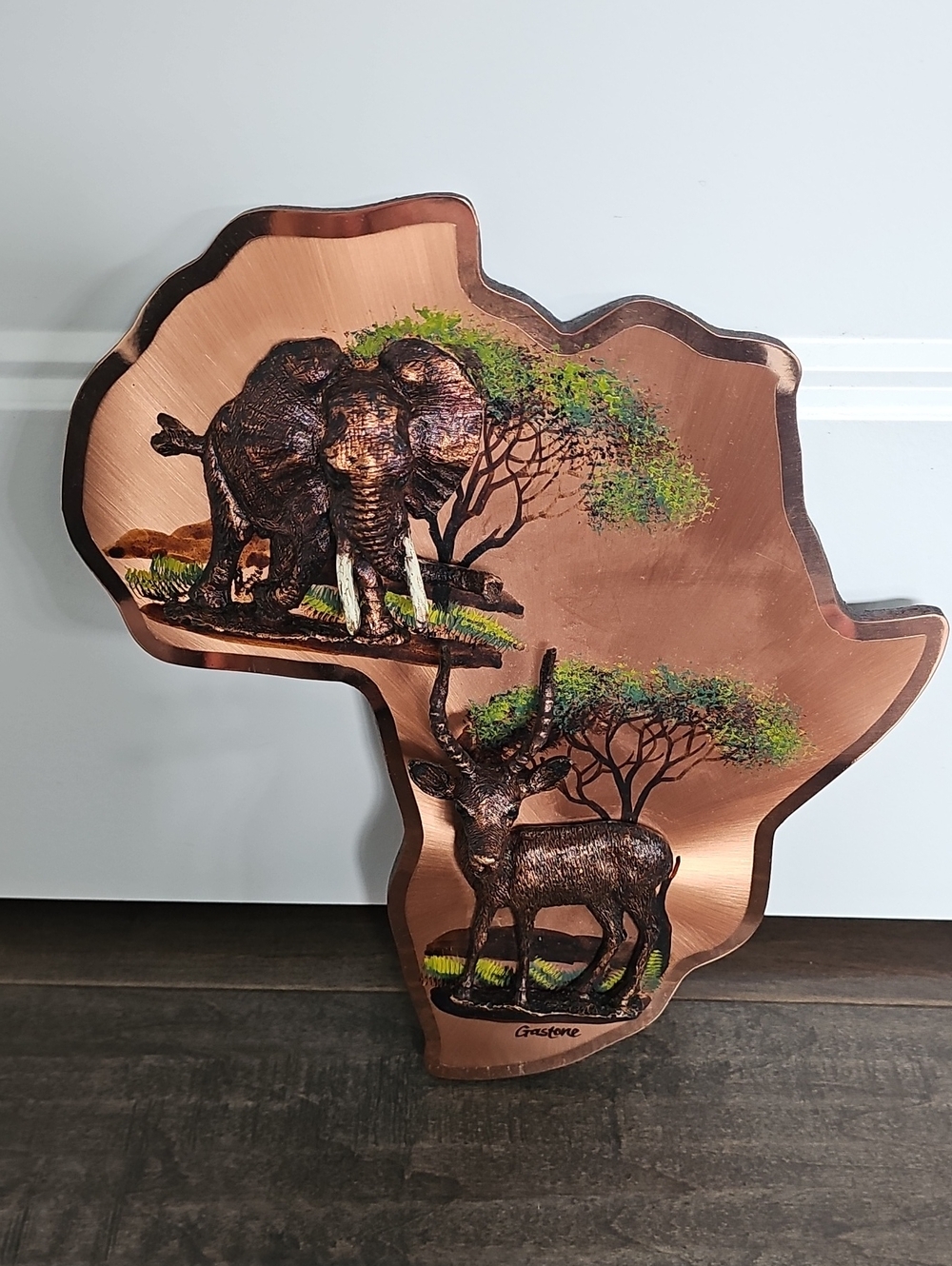 RARE VINTAGE Beautiful Signed Gastone 3D Copper Toned Elephant & Antelope Motif
